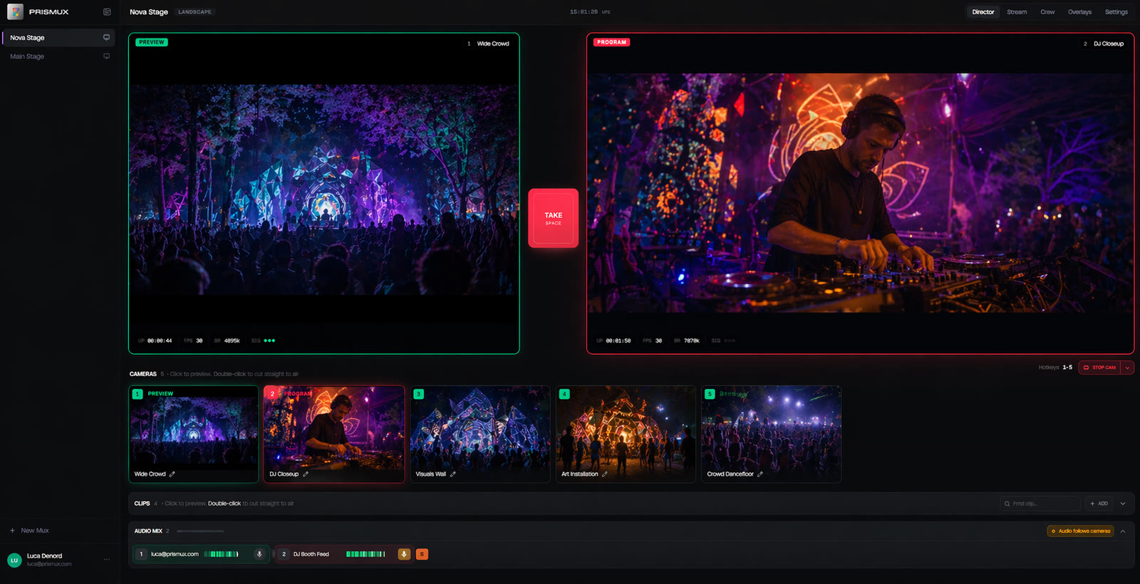 PRISMUX director interface — preview, program, and mux controls running in a browser tab